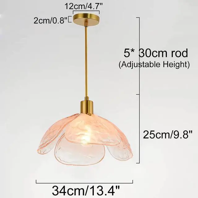 Alt view image 2 of 7 - Glass Hanging Light Fixtures Pink Pendant Lights Mid Century Modern Ceiling Pendant Light Beautiful Petal Shape,with Gold Adjustable Hanging Rod for Kitchen Island Living Dining Room