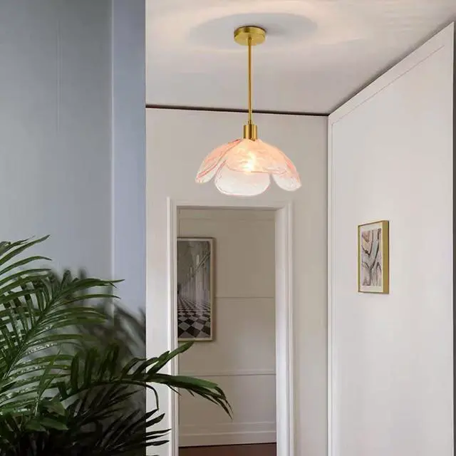 Alt view image 3 of 7 - Glass Hanging Light Fixtures Pink Pendant Lights Mid Century Modern Ceiling Pendant Light Beautiful Petal Shape,with Gold Adjustable Hanging Rod for Kitchen Island Living Dining Room