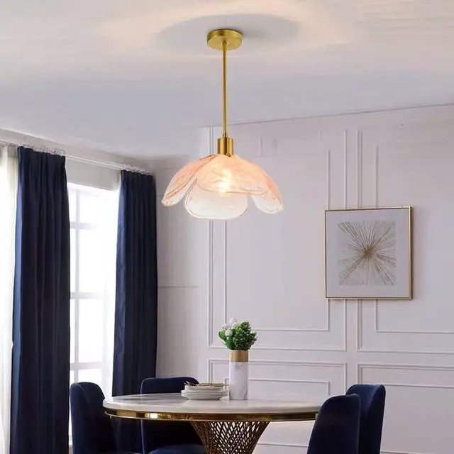 Alt view image 4 of 7 - Glass Hanging Light Fixtures Pink Pendant Lights Mid Century Modern Ceiling Pendant Light Beautiful Petal Shape,with Gold Adjustable Hanging Rod for Kitchen Island Living Dining Room