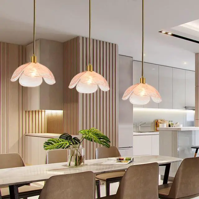 Alt view image 5 of 7 - Glass Hanging Light Fixtures Pink Pendant Lights Mid Century Modern Ceiling Pendant Light Beautiful Petal Shape,with Gold Adjustable Hanging Rod for Kitchen Island Living Dining Room