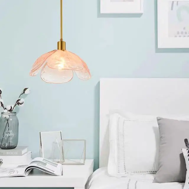 Alt view image 6 of 7 - Glass Hanging Light Fixtures Pink Pendant Lights Mid Century Modern Ceiling Pendant Light Beautiful Petal Shape,with Gold Adjustable Hanging Rod for Kitchen Island Living Dining Room