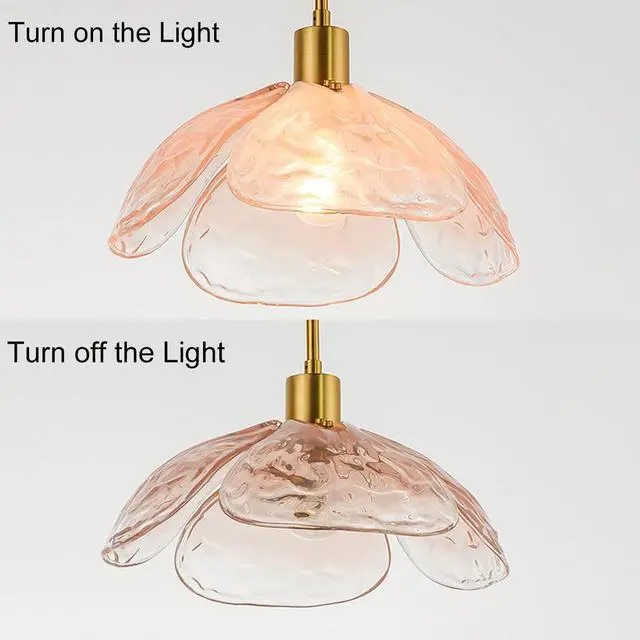 Alt view image 7 of 7 - Glass Hanging Light Fixtures Pink Pendant Lights Mid Century Modern Ceiling Pendant Light Beautiful Petal Shape,with Gold Adjustable Hanging Rod for Kitchen Island Living Dining Room