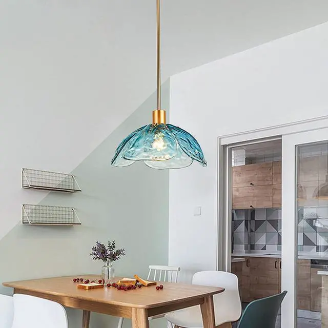 Alt view image 2 of 6 - Glass Pendant Light Fixtures 1-Light Mid Century Modern Ceiling Pendant Light Beautiful Blue Petal Shape, Gold Adjustable Hanging Light for Kitchen Island Living Dining Room Hallway (Blue)
