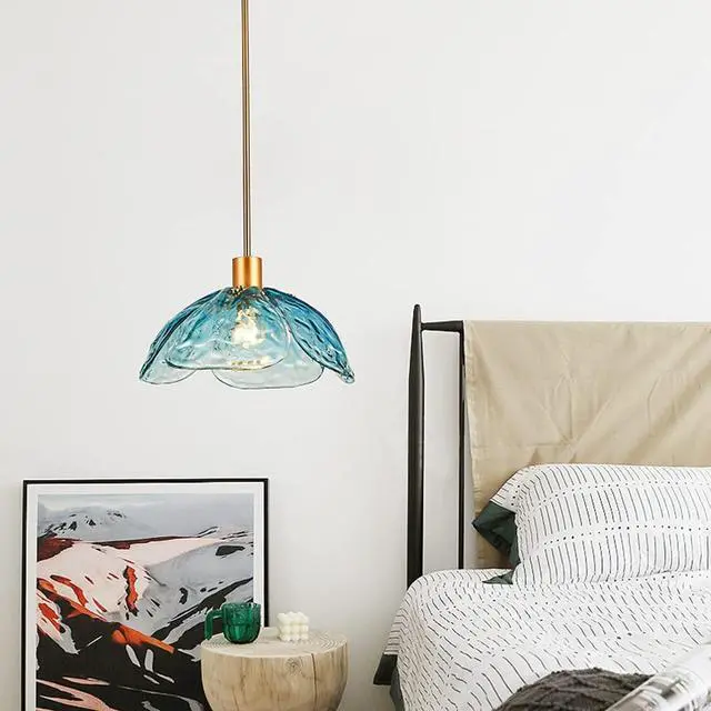 Alt view image 3 of 6 - Glass Pendant Light Fixtures 1-Light Mid Century Modern Ceiling Pendant Light Beautiful Blue Petal Shape, Gold Adjustable Hanging Light for Kitchen Island Living Dining Room Hallway (Blue)