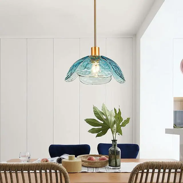 Alt view image 4 of 6 - Glass Pendant Light Fixtures 1-Light Mid Century Modern Ceiling Pendant Light Beautiful Blue Petal Shape, Gold Adjustable Hanging Light for Kitchen Island Living Dining Room Hallway (Blue)