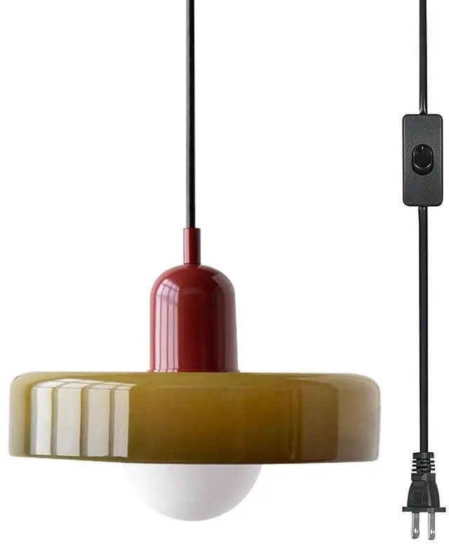 Main image of Plug Hanging Lamp Green Glass Pendant Light Plug in Cord Modern Kitchen Island Plug Pendant Lights with Cord On/Off Switch Mid Century Plug in Pendant lamp for Dining Room