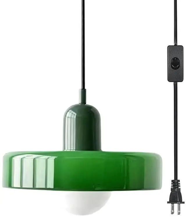 Main image of Green Plug in Pendant Light Glass Hanging Lamp Plug in Cord Vintage Modern Style Kitchen Island Pendant Lights with 14.7ft Cord On/Off Switch Mid Century Pendant lamp for Living Room