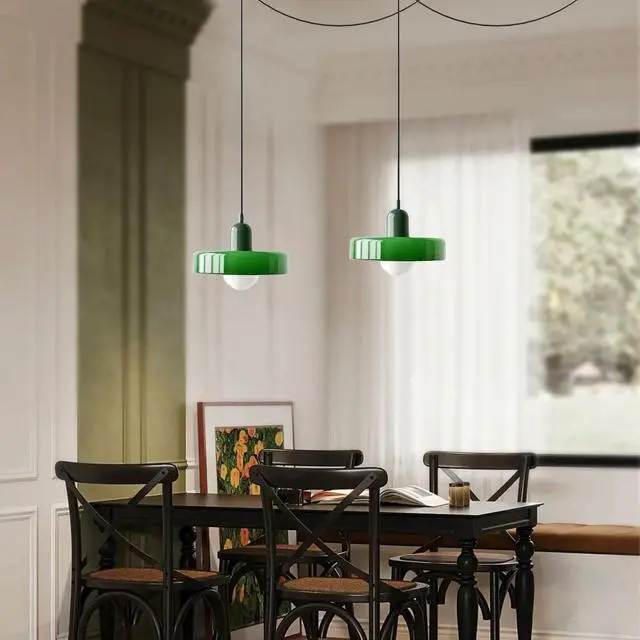 Alt view image 5 of 7 - Green Plug in Pendant Light Glass Hanging Lamp Plug in Cord Vintage Modern Style Kitchen Island Pendant Lights with 14.7ft Cord On/Off Switch Mid Century Pendant lamp for Living Room