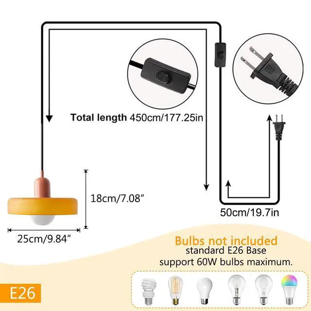 Alt view image 2 of 7 - Orange Plug in Pendant Light Glass Hanging Lamp with Plug-in Cord | Modern Plug in Pendant Lights with 14.7ft Cord On/Off Switch Vintage 9.84inch E26 Base Dining Room Farmhouse Kitchen Island