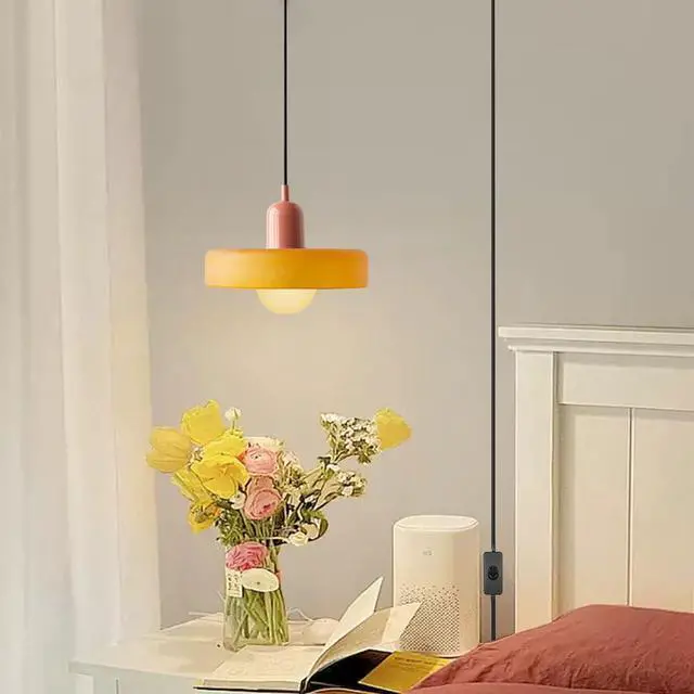 Alt view image 7 of 7 - Orange Plug in Pendant Light Glass Hanging Lamp with Plug-in Cord | Modern Plug in Pendant Lights with 14.7ft Cord On/Off Switch Vintage 9.84inch E26 Base Dining Room Farmhouse Kitchen Island