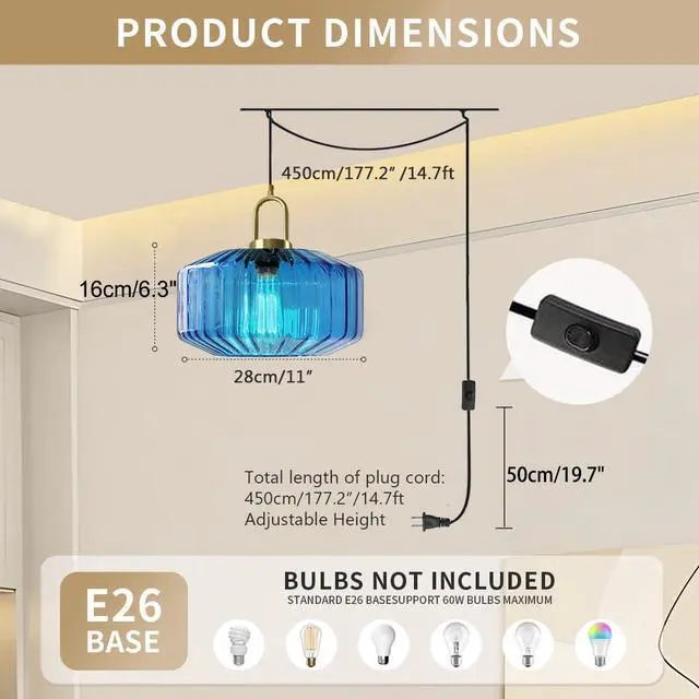 Alt view image 2 of 7 - Living Room Plug in Pendant Light Blue Large Glass Hanging Lamp with Striped Glass Globe Shade Mid Century Chandelier Modern Plug in Cord Hanging Pendant Light fixtures Gold Finish