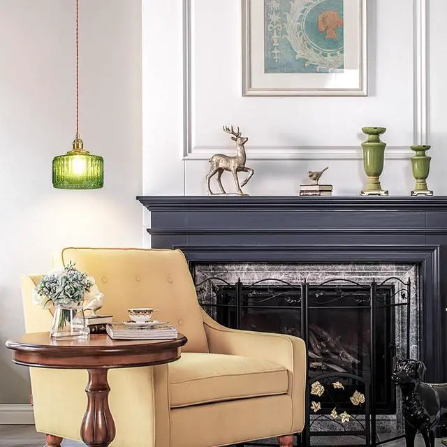 Alt view image 7 of 7 - Green Hanging Light Vintage Modern Pendant Light Fixture with Stripe Green Glass Shade Glass Pendant Lighting Gold Pendant Lamp for Kitchen Island Bedroom Farmhouse
