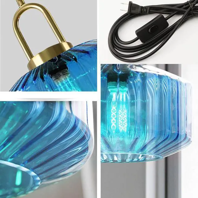 Alt view image 3 of 7 - Living Room Plug in Pendant Light Blue Large Glass Hanging Lamp with Striped Glass Globe Shade Mid Century Chandelier Modern Plug in Cord Hanging Pendant Light fixtures Gold Finish