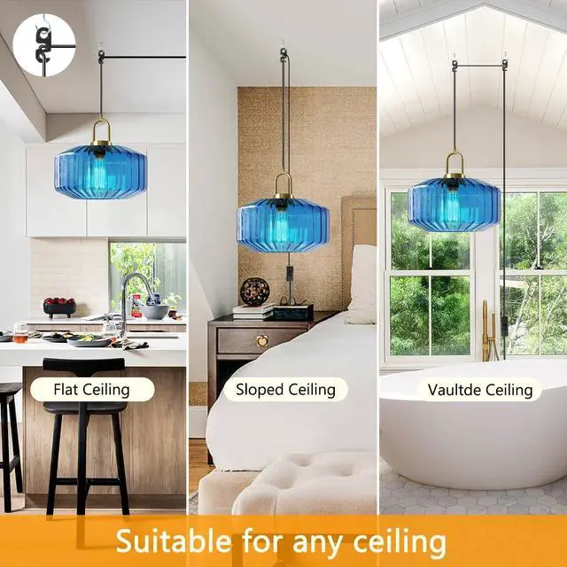 Alt view image 4 of 7 - Living Room Plug in Pendant Light Blue Large Glass Hanging Lamp with Striped Glass Globe Shade Mid Century Chandelier Modern Plug in Cord Hanging Pendant Light fixtures Gold Finish
