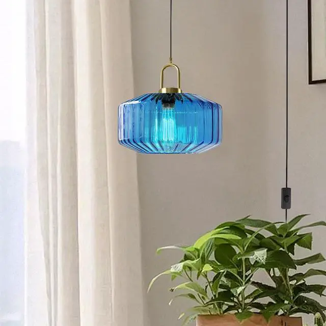 Alt view image 5 of 7 - Living Room Plug in Pendant Light Blue Large Glass Hanging Lamp with Striped Glass Globe Shade Mid Century Chandelier Modern Plug in Cord Hanging Pendant Light fixtures Gold Finish