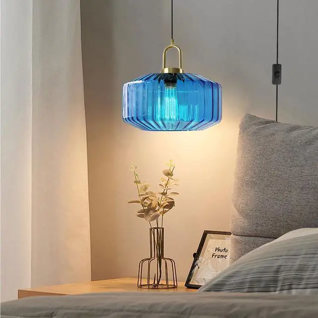 Alt view image 6 of 7 - Living Room Plug in Pendant Light Blue Large Glass Hanging Lamp with Striped Glass Globe Shade Mid Century Chandelier Modern Plug in Cord Hanging Pendant Light fixtures Gold Finish