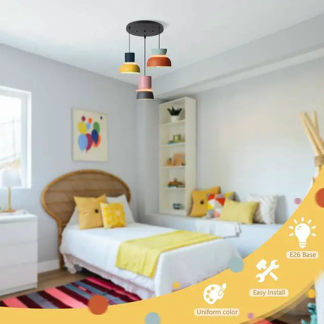 Alt view image 5 of 7 - Nordic Chandelier Colorful Pendant Light Nordic Modern Pendant Lights Mid Century Chandelier Light Fixture with Macaron Color Barn Shade Adjustable Cord Pendant Lighting Dining Room