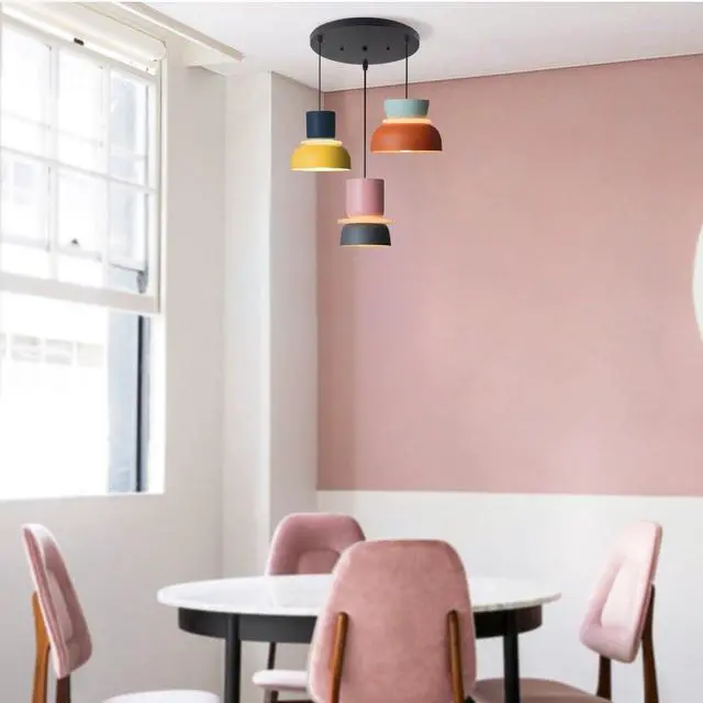 Alt view image 7 of 7 - Nordic Chandelier Colorful Pendant Light Nordic Modern Pendant Lights Mid Century Chandelier Light Fixture with Macaron Color Barn Shade Adjustable Cord Pendant Lighting Dining Room