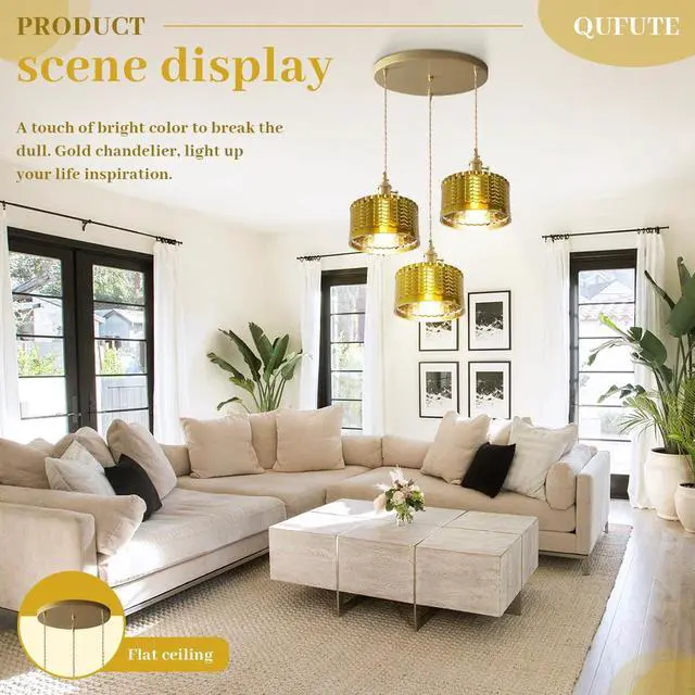 Alt view image 7 of 7 - Gold Chandelier Pendant Light, Industrial Pendant Light Fixtures with Painted Golden Striped Glass Lampshade Vintage Ceiling Chandelier Gold Light fixtures for Farmhouse Kitchen Sink