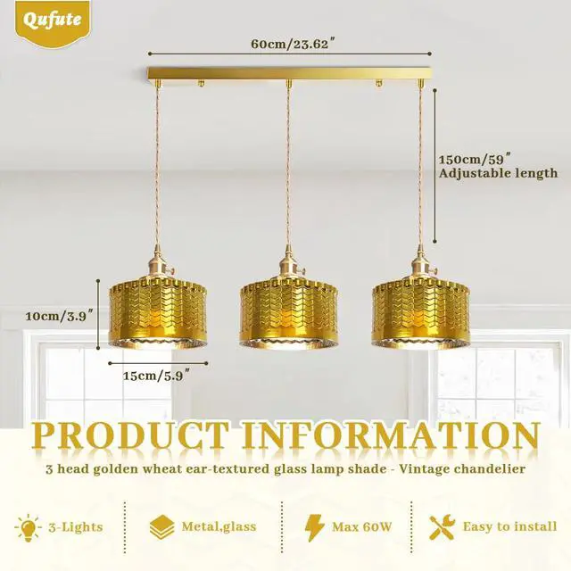 Alt view image 2 of 7 - Gold Chandelier Pendant Light Industrial Ceiling Pendant Light Fixtures with Painted Golden Striped Glass Shade Vintage Pendant Lights Adjustable Height for Farmhouse Kitchen Sink
