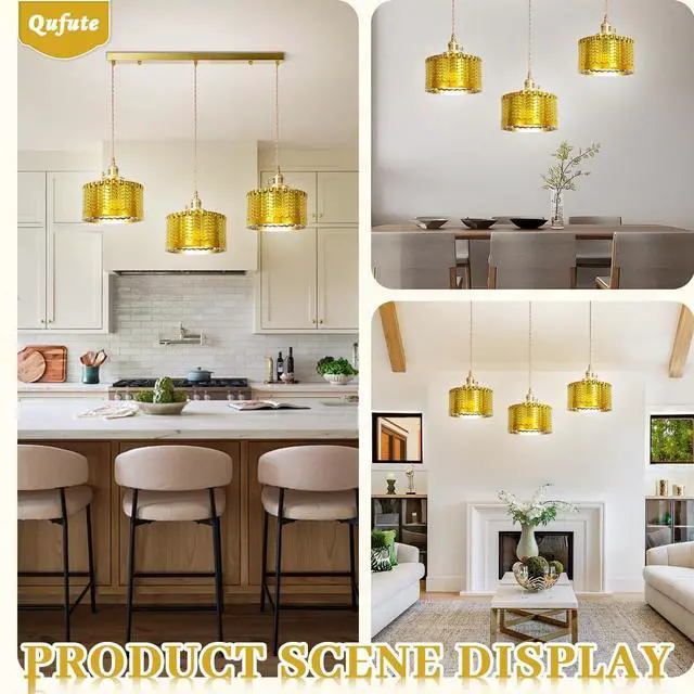 Alt view image 3 of 7 - Gold Chandelier Pendant Light Industrial Ceiling Pendant Light Fixtures with Painted Golden Striped Glass Shade Vintage Pendant Lights Adjustable Height for Farmhouse Kitchen Sink