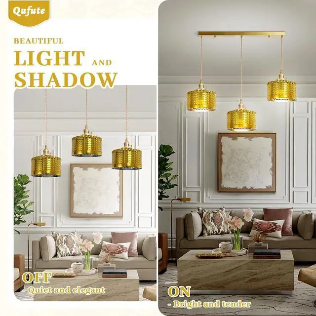 Alt view image 4 of 7 - Gold Chandelier Pendant Light Industrial Ceiling Pendant Light Fixtures with Painted Golden Striped Glass Shade Vintage Pendant Lights Adjustable Height for Farmhouse Kitchen Sink