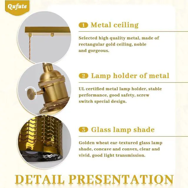 Alt view image 5 of 7 - Gold Chandelier Pendant Light Industrial Ceiling Pendant Light Fixtures with Painted Golden Striped Glass Shade Vintage Pendant Lights Adjustable Height for Farmhouse Kitchen Sink