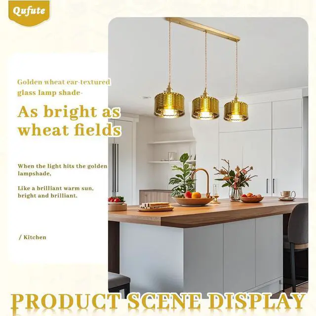 Alt view image 6 of 7 - Gold Chandelier Pendant Light Industrial Ceiling Pendant Light Fixtures with Painted Golden Striped Glass Shade Vintage Pendant Lights Adjustable Height for Farmhouse Kitchen Sink