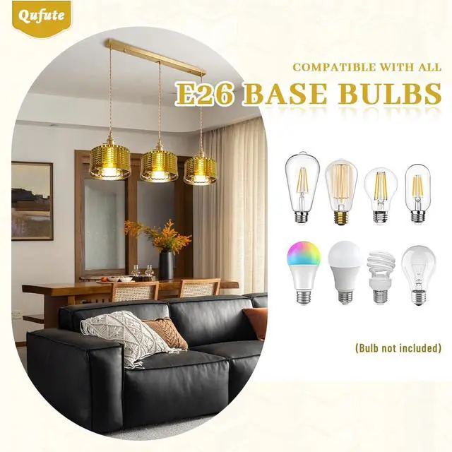 Alt view image 7 of 7 - Gold Chandelier Pendant Light Industrial Ceiling Pendant Light Fixtures with Painted Golden Striped Glass Shade Vintage Pendant Lights Adjustable Height for Farmhouse Kitchen Sink