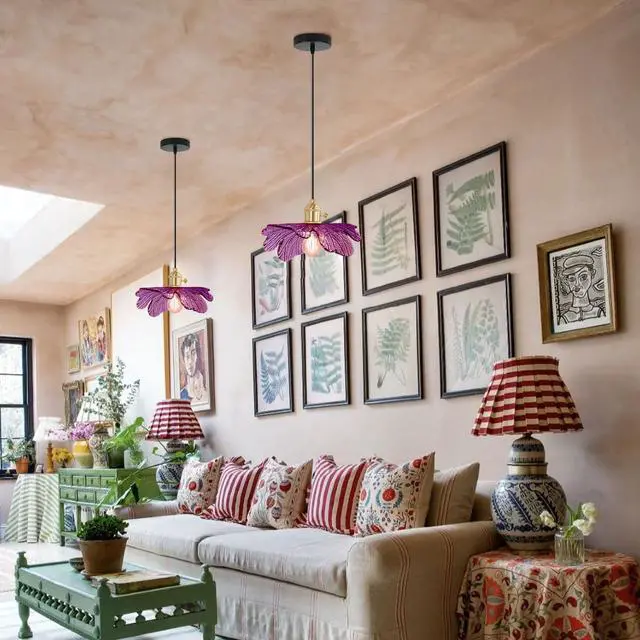 Alt view image 6 of 7 - 2-Lights Small Pendant Light with Purple Flower Shade, Vintage Glass Pendant Light Adjustable Hanging Light Fixture, Mid Century Modern Ceiling Hanging Light for Dining Room Kitchen