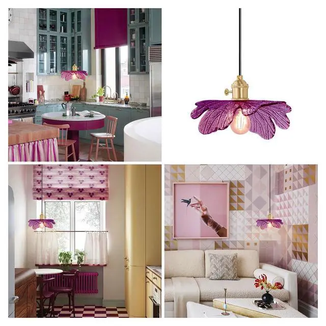 Alt view image 7 of 7 - 2-Lights Small Pendant Light with Purple Flower Shade, Vintage Glass Pendant Light Adjustable Hanging Light Fixture, Mid Century Modern Ceiling Hanging Light for Dining Room Kitchen