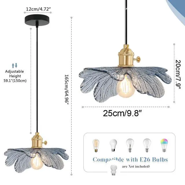 Alt view image 2 of 7 - 2-Lights Flower Glass Pendant Light fixtures, Small Vintage Pendant Light with 5.9 Blue Glass Shade, Mid Century Modern Hanging Light, Gold Brass Hanging Light Dining Room Kitchen