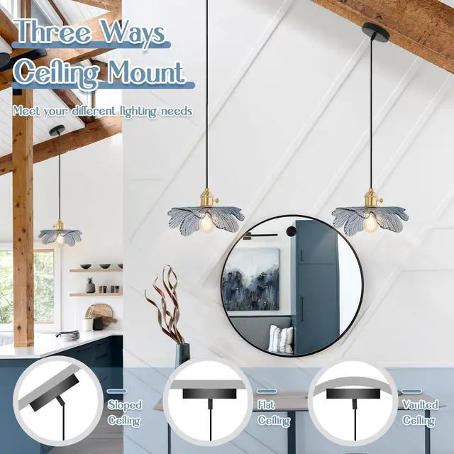 Alt view image 3 of 7 - 2-Lights Flower Glass Pendant Light fixtures, Small Vintage Pendant Light with 5.9 Blue Glass Shade, Mid Century Modern Hanging Light, Gold Brass Hanging Light Dining Room Kitchen