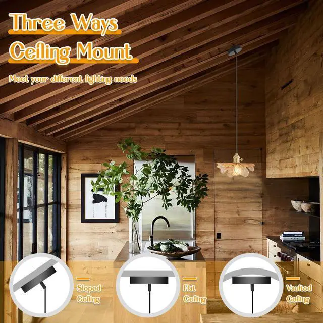 Alt view image 3 of 7 - Small Vintage Glass Pendant Light fixtures, Flower Pendant Light 5.9 Amber Glass Shade, Gold Mid Century Modern Ceiling Light, Adjustable Cord Hanging Light Dining Room Kitchen