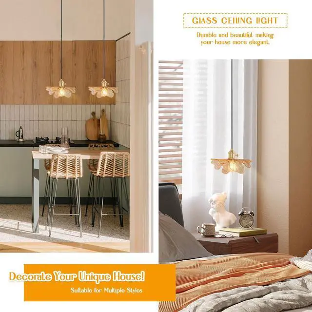 Alt view image 5 of 7 - Small Vintage Glass Pendant Light fixtures, Flower Pendant Light 5.9 Amber Glass Shade, Gold Mid Century Modern Ceiling Light, Adjustable Cord Hanging Light Dining Room Kitchen