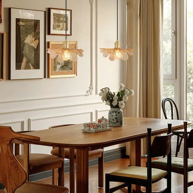 Alt view image 6 of 7 - Small Vintage Glass Pendant Light fixtures, Flower Pendant Light 5.9 Amber Glass Shade, Gold Mid Century Modern Ceiling Light, Adjustable Cord Hanging Light Dining Room Kitchen
