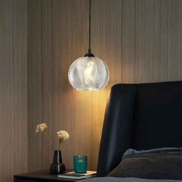 Alt view image 4 of 7 - Clear Pendant Light fixtures Glass Globe Pendant Lights with 8.66" Ribbed Glass Shade Mid Century Modern Ceiling Hanging Light for Bedroom Living Dining Room Kitchen Island