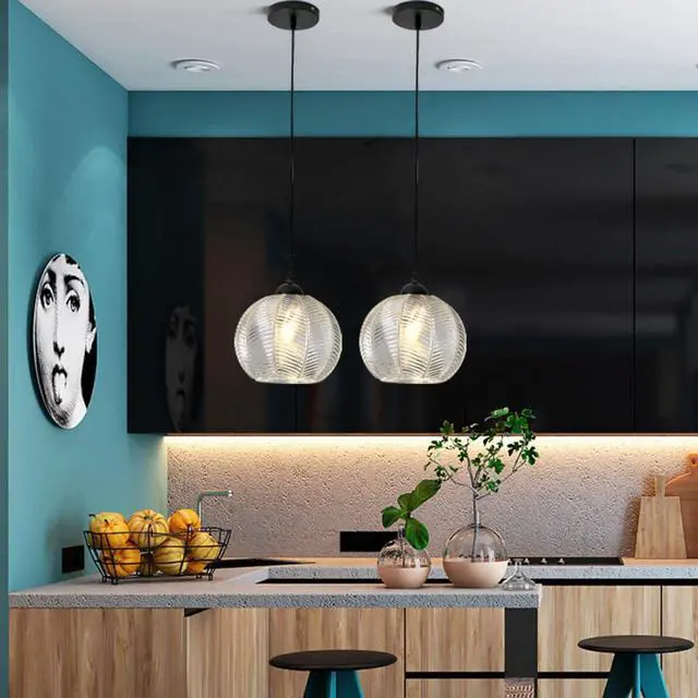 Alt view image 7 of 7 - Clear Pendant Light fixtures Glass Globe Pendant Lights with 8.66" Ribbed Glass Shade Mid Century Modern Ceiling Hanging Light for Bedroom Living Dining Room Kitchen Island