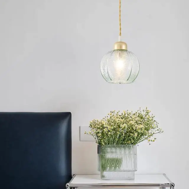 Alt view image 4 of 7 - Mid Century Pendant Lights Glass Globe Pendant Light fixtures Gold Vintage 1-Lights Green Ribbed Hand Blown Glass Shade Modern Ceiling Pendant Lighting for Kitchen Island Dining Room