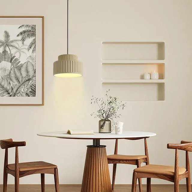 Alt view image 7 of 7 - Nordic Pendant Light Fixture Mid Century Modern Pendant Lamp 2-Layer Round Light with White Striped Resin Shade Black Ceiling Pendant Lighting Dining Room Kitchen Island Farmhouse