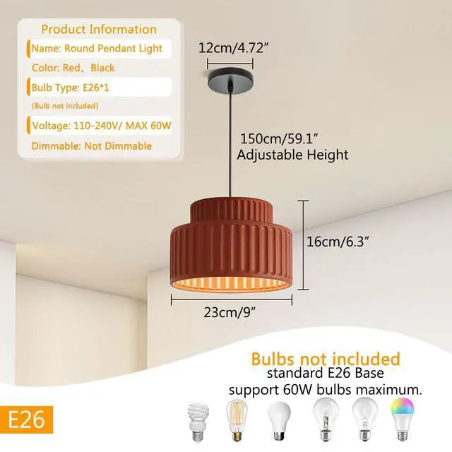 Alt view image 2 of 7 - Nordic Modern Pendant Light Fixture Mid Century Pendant Lamp 2-Layer Round Light with Striped Resin Shade Black Ceiling Pendant Lighting for Dining Room Kitchen Island Farmhouse (Red)