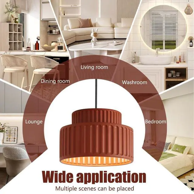 Alt view image 3 of 7 - Nordic Modern Pendant Light Fixture Mid Century Pendant Lamp 2-Layer Round Light with Striped Resin Shade Black Ceiling Pendant Lighting for Dining Room Kitchen Island Farmhouse (Red)
