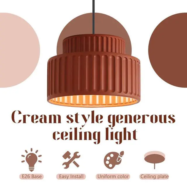 Alt view image 4 of 7 - Nordic Modern Pendant Light Fixture Mid Century Pendant Lamp 2-Layer Round Light with Striped Resin Shade Black Ceiling Pendant Lighting for Dining Room Kitchen Island Farmhouse (Red)