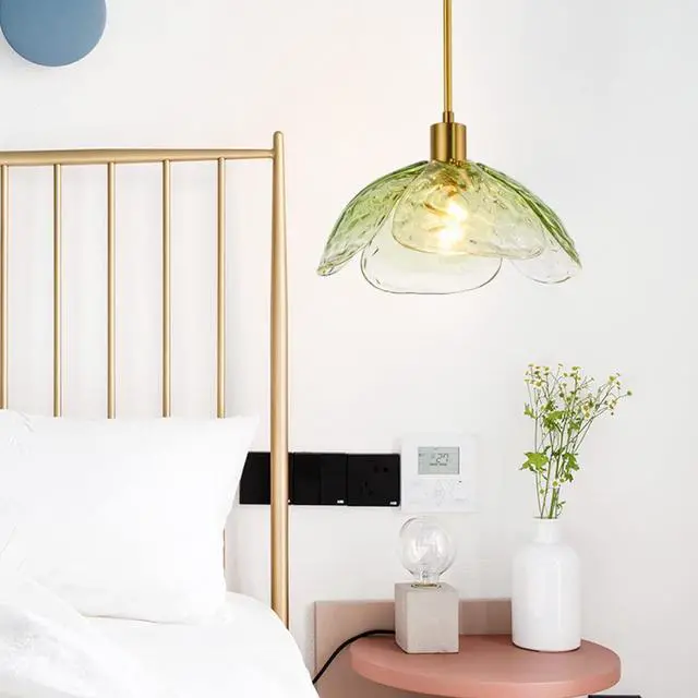 Alt view image 3 of 7 - Gold Pendant Light Fixtures 1-Light Green Glass Ceiling Pendant Light Beautiful Petal Shape Modern Chandelier Hanging Light for Kitchen Island Living Dining Room Hallway (Green)