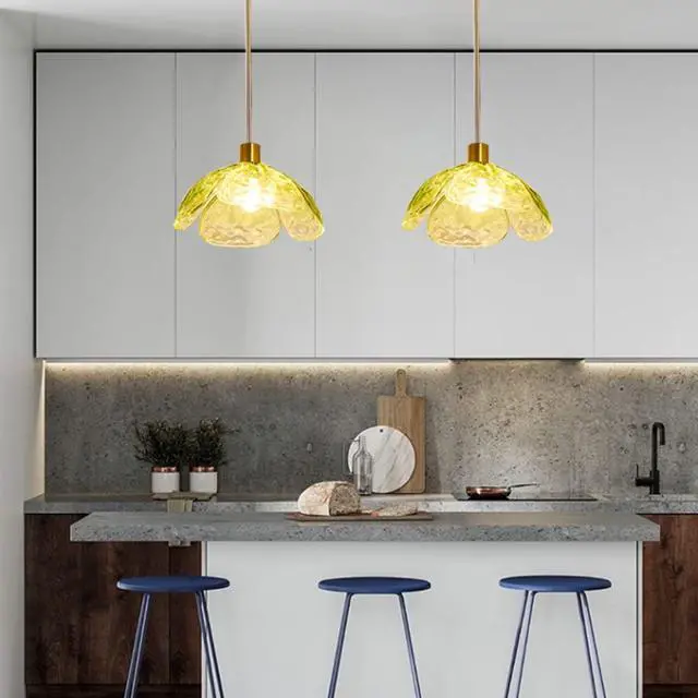 Alt view image 5 of 7 - Gold Pendant Light Fixtures 1-Light Green Glass Ceiling Pendant Light Beautiful Petal Shape Modern Chandelier Hanging Light for Kitchen Island Living Dining Room Hallway (Green)
