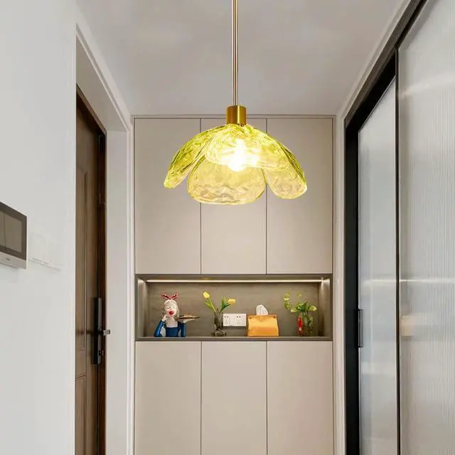 Alt view image 7 of 7 - Gold Pendant Light Fixtures 1-Light Green Glass Ceiling Pendant Light Beautiful Petal Shape Modern Chandelier Hanging Light for Kitchen Island Living Dining Room Hallway (Green)