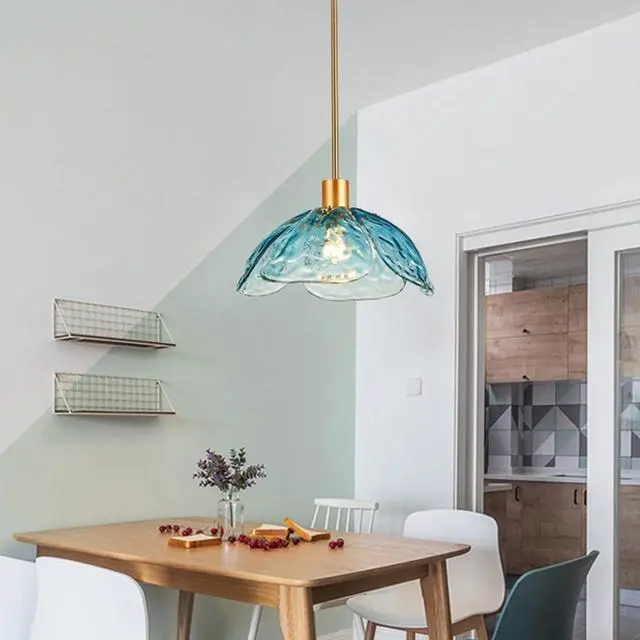 Alt view image 5 of 6 - Glass Pendant Light Fixtures 1-Light Mid Century Modern Ceiling Pendant Light Beautiful Blue Petal Shape, Gold Adjustable Hanging Light for Kitchen Island Living Dining Room Hallway (Blue)