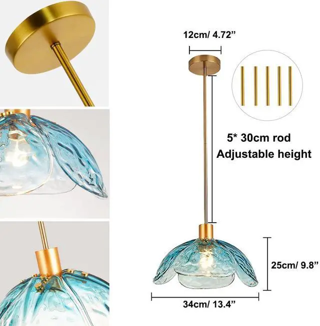 Alt view image 6 of 6 - Glass Pendant Light Fixtures 1-Light Mid Century Modern Ceiling Pendant Light Beautiful Blue Petal Shape, Gold Adjustable Hanging Light for Kitchen Island Living Dining Room Hallway (Blue)