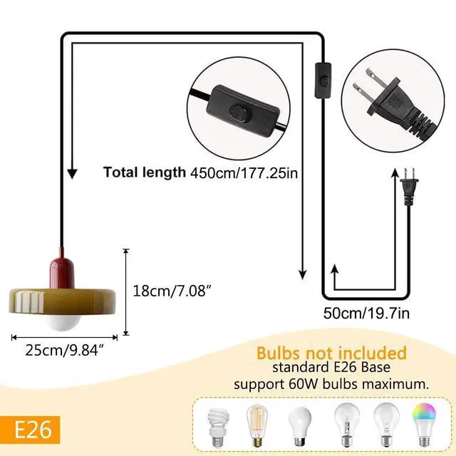Alt view image 2 of 7 - Plug Hanging Lamp Green Glass Pendant Light Plug in Cord Modern Kitchen Island Plug Pendant Lights with Cord On/Off Switch Mid Century Plug in Pendant lamp for Dining Room