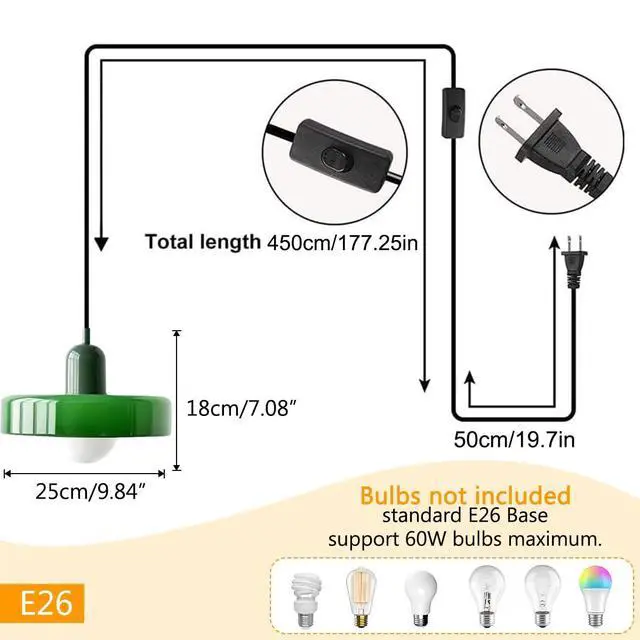Alt view image 2 of 7 - Green Plug in Pendant Light Glass Hanging Lamp Plug in Cord Vintage Modern Style Kitchen Island Pendant Lights with 14.7ft Cord On/Off Switch Mid Century Pendant lamp for Living Room